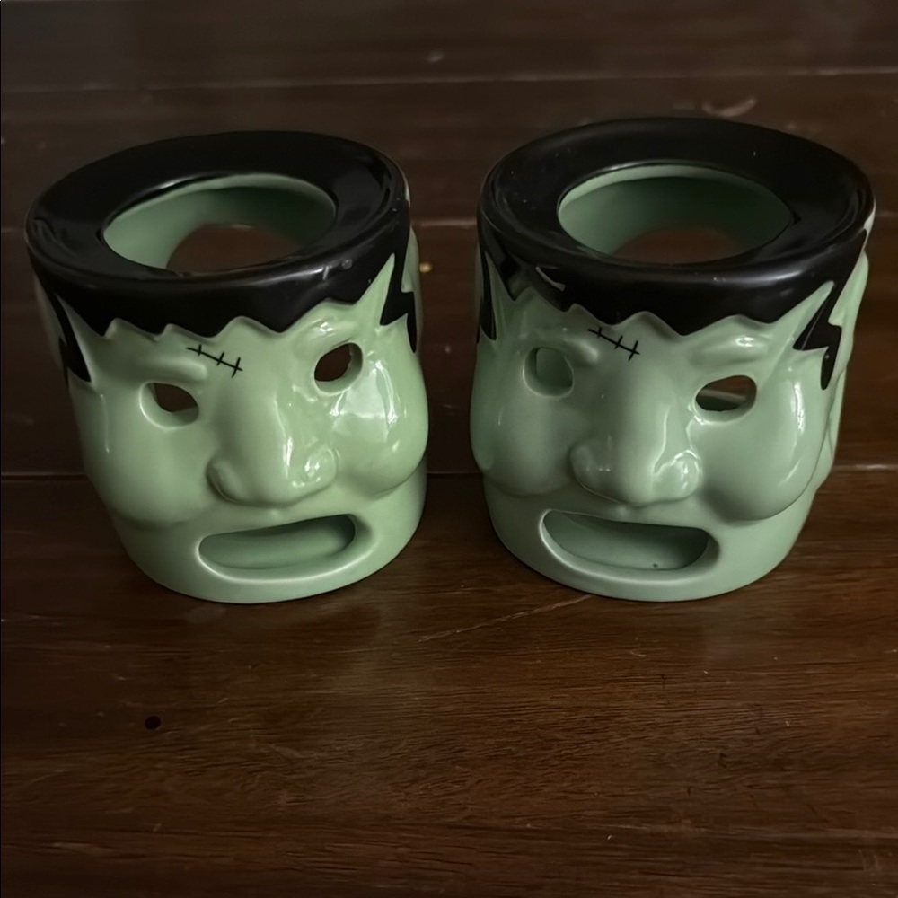 Frankenstein Halloween Ceramic Tea Light Candle Holder Wax Warmer Set of 2 Green